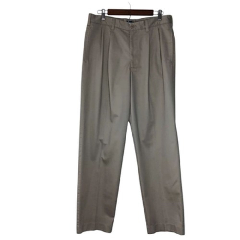 IZOD Pants Mens 33x32 Khaki Pleated‎ Front Classic Fit Dress Casual Chino Khaki